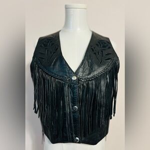 Genuine Black Leather Fringe Vest